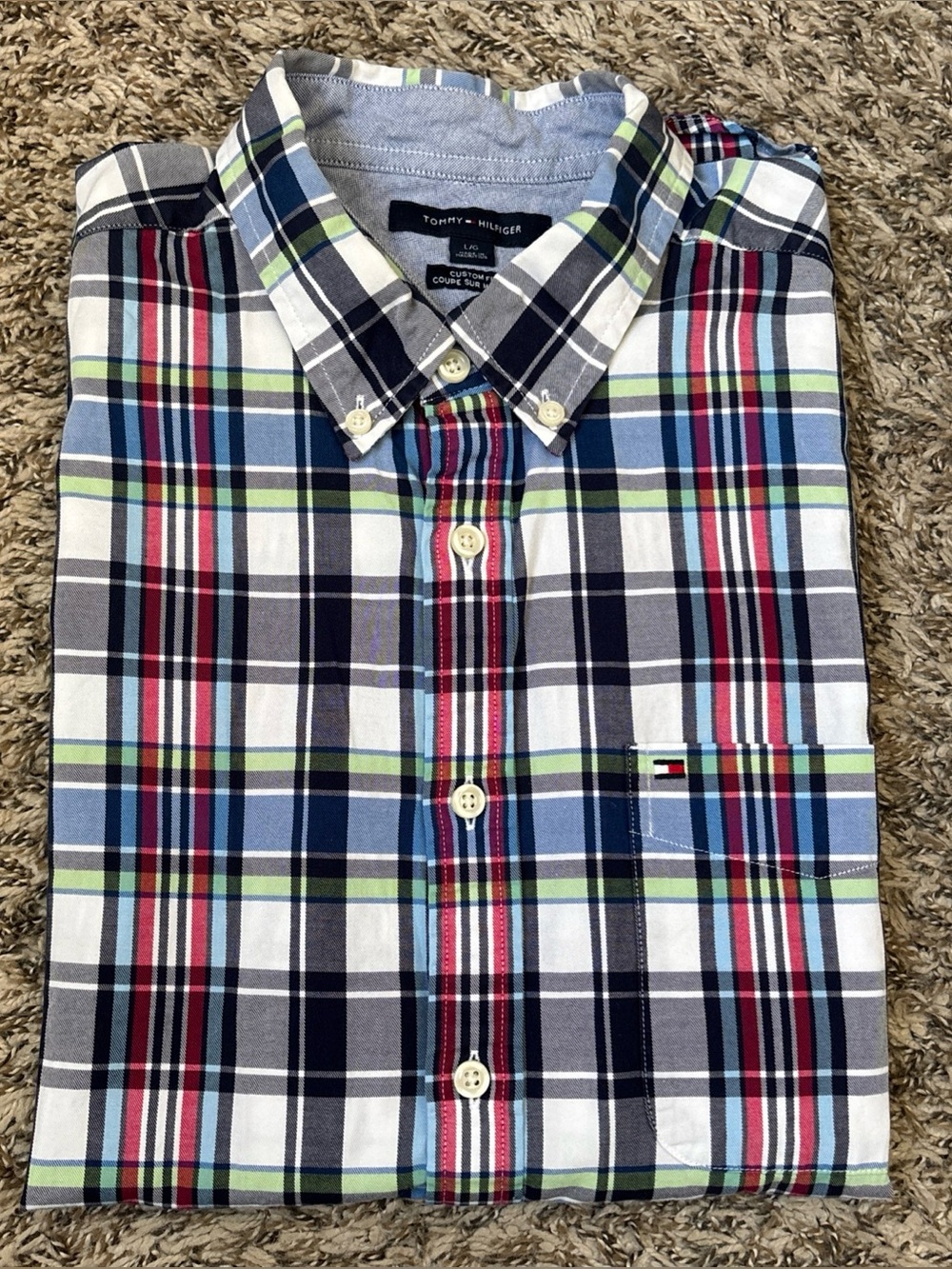 Tommy Hilfiger Short Sleeve Plaid Button-Down Shirt - White, Navy, Green, Red
